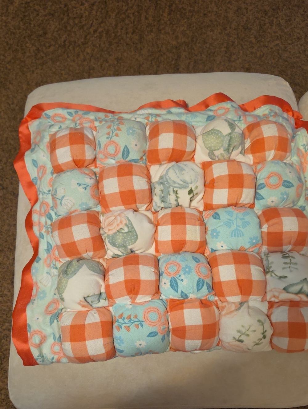 BABY Handmade Orange Gingham & Floral Puff Quilt - EUC 38" X 21"